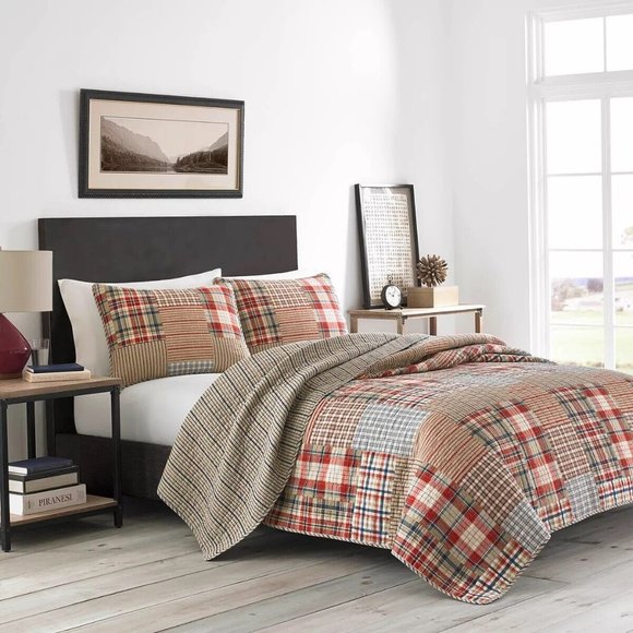 Eddie Bauer Hawthorne Quilt Set - Brown Plaid Patchwork - Picture 1 of 5